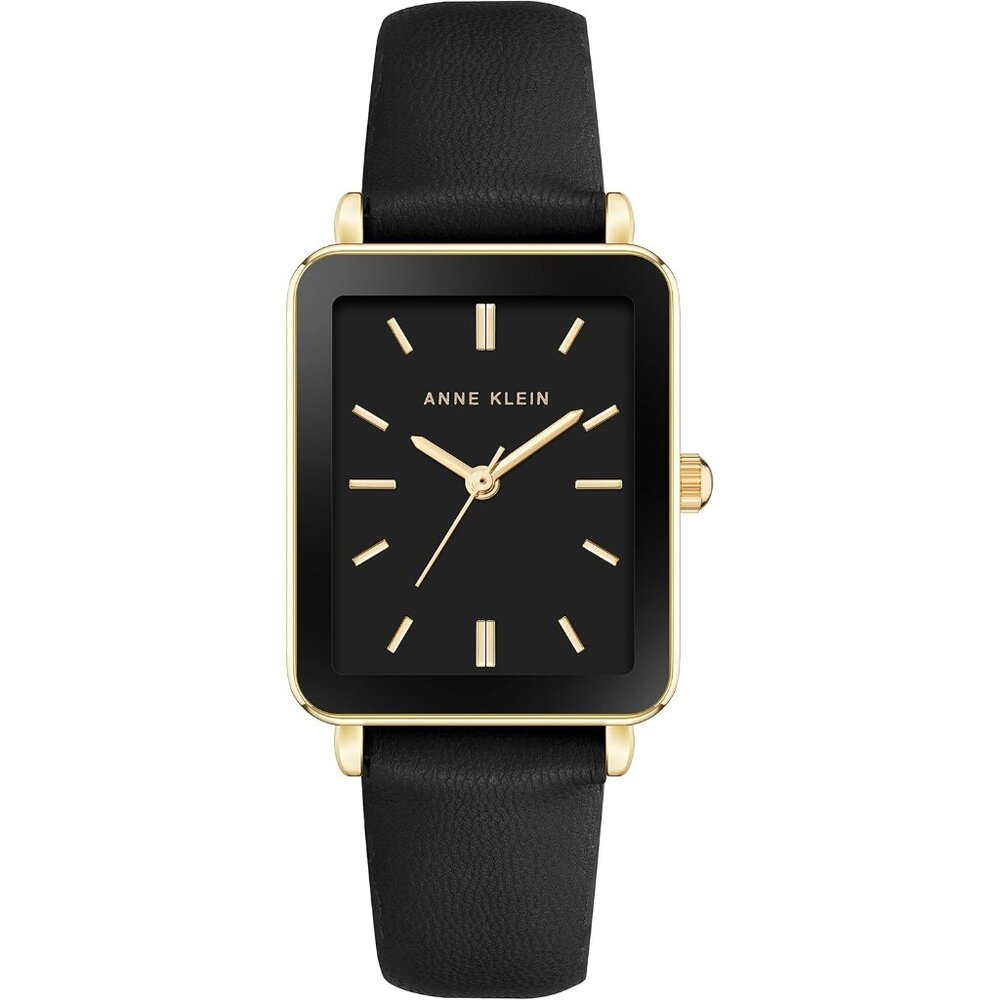 Women's Black/Gold Crystal Lens Buckle Closure Faux Leather Strap Tone Watch